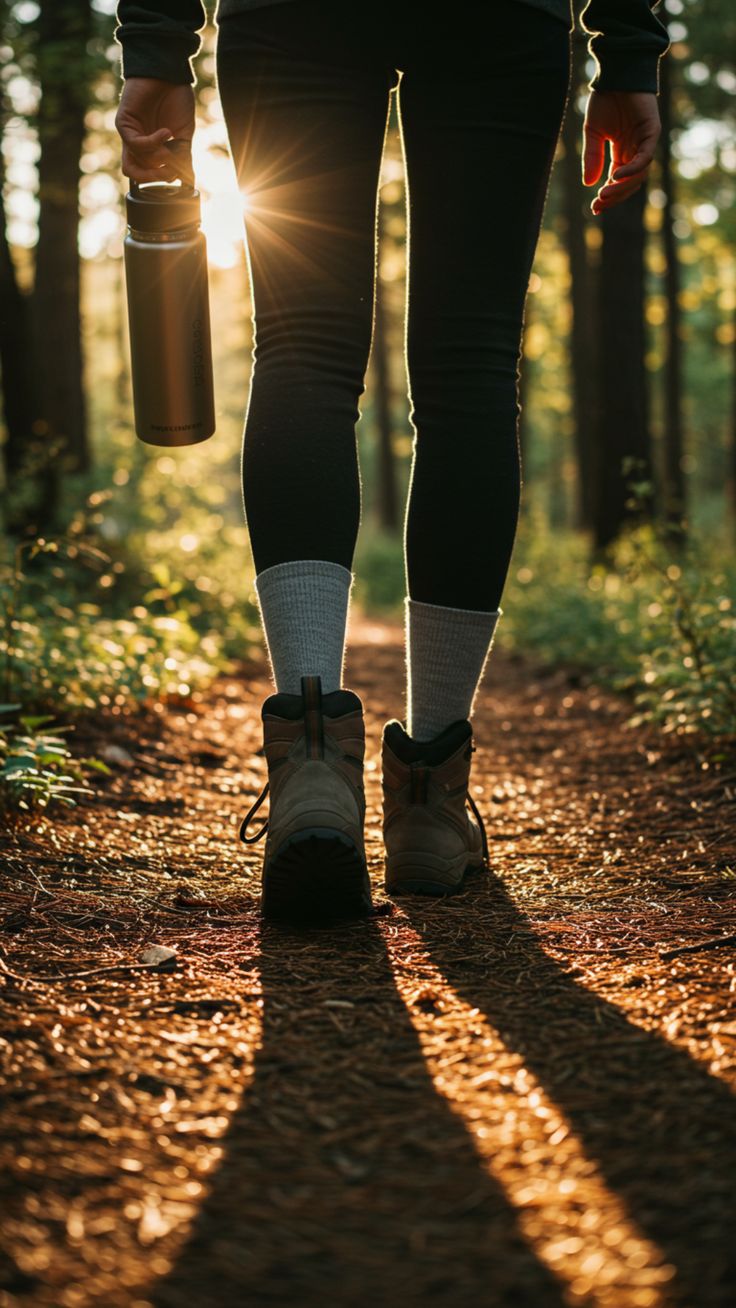 A photo of feet walking away and their shadow is towards the camera.